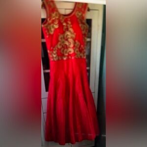Large size Anarkali Indian Pakistani Vibrant Red and Gold long gown dress